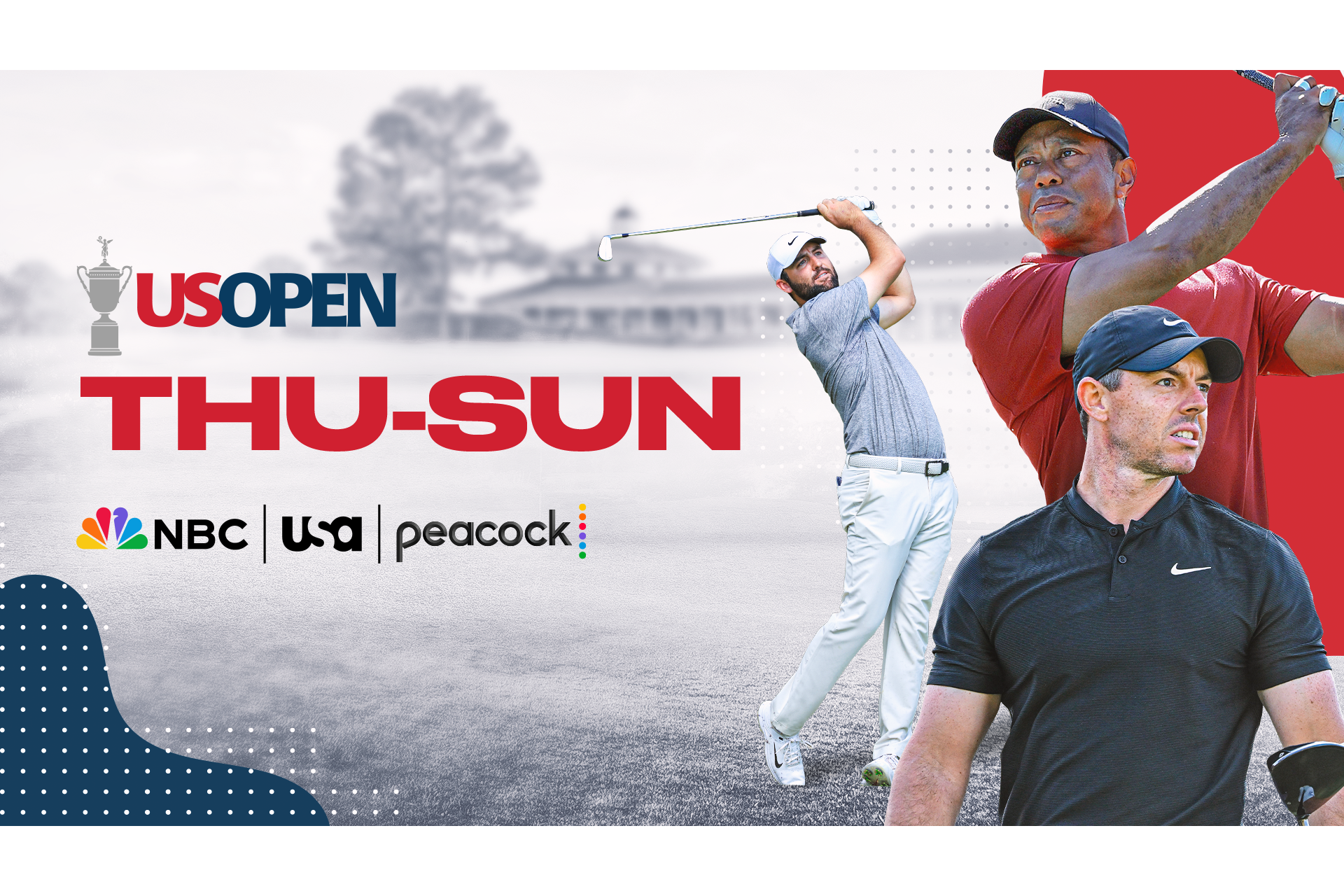 Tiger Woods, Rory McIlroy, Scottie Scheffler, and more will compete at the U.S. Open, Thursday through Sunday at NBC, USA, and Peacock.