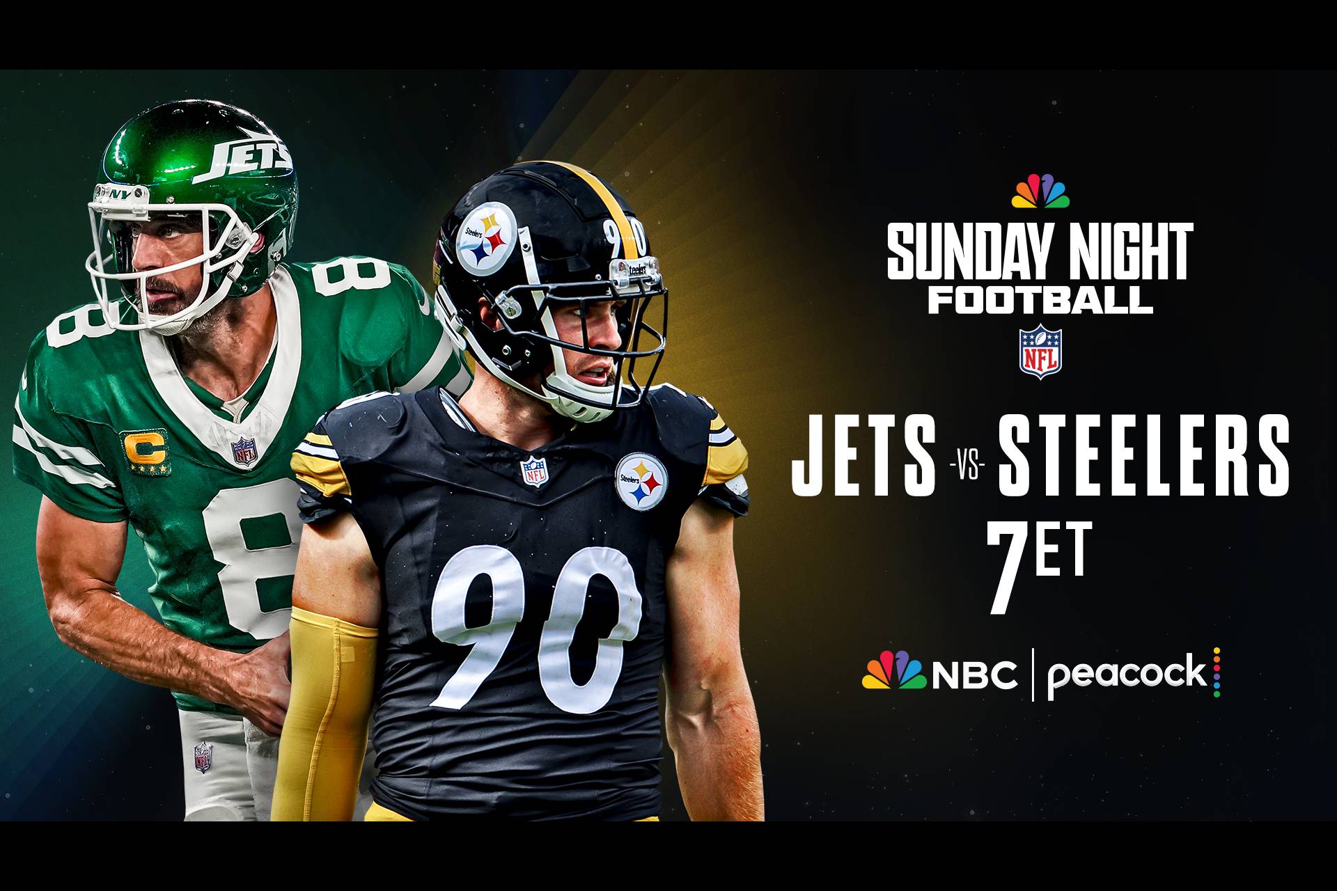 Aaron Rodgers and TJ Watt will play in Jets vs. Steelers on Sunday Night Football at 7p ET on Peacock and NBC.