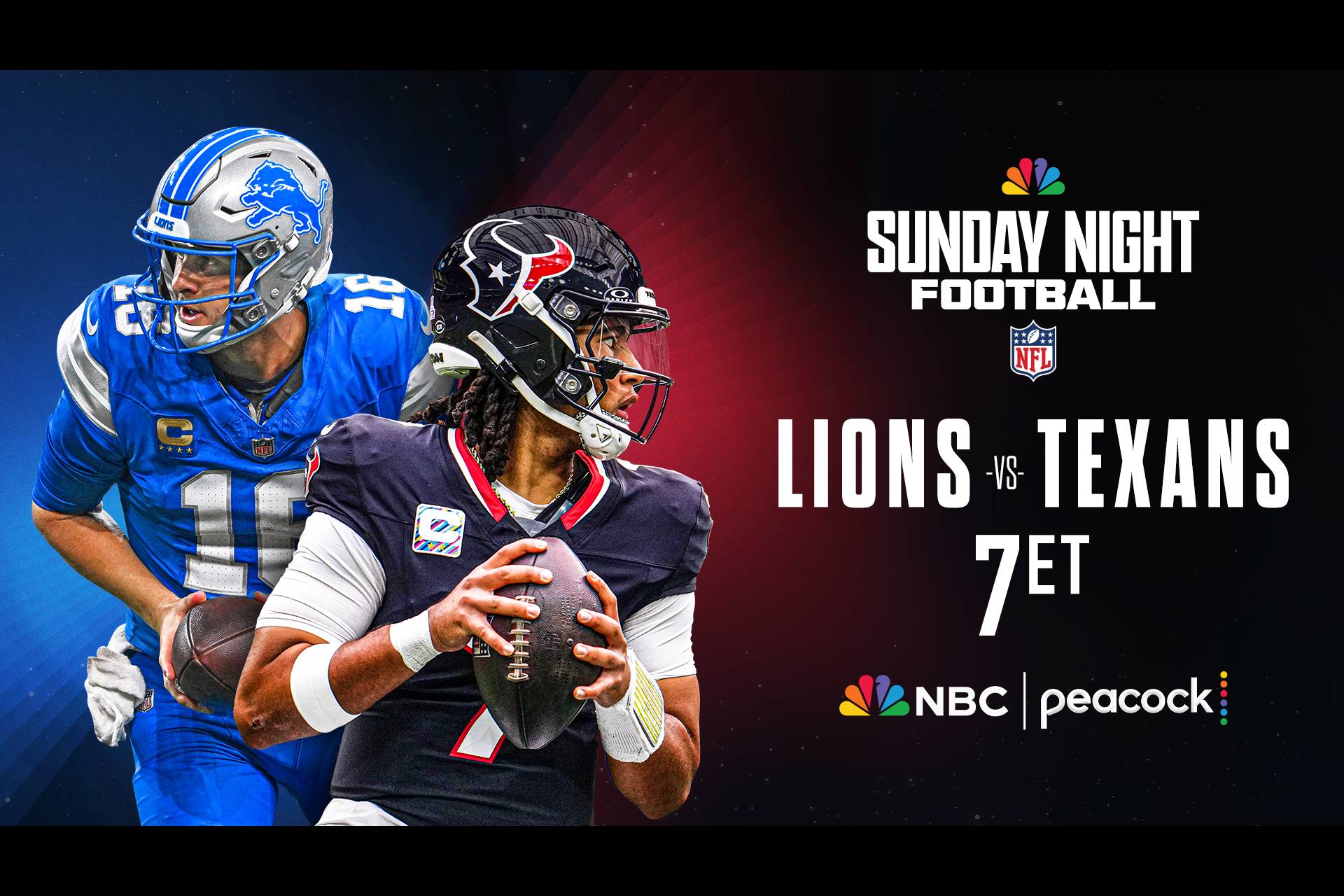 Jared Goff of the Detroit Lions will face C.J. Stroud of the Houston Texans on Sunday Night Football at 7p ET on Peacock and NBC