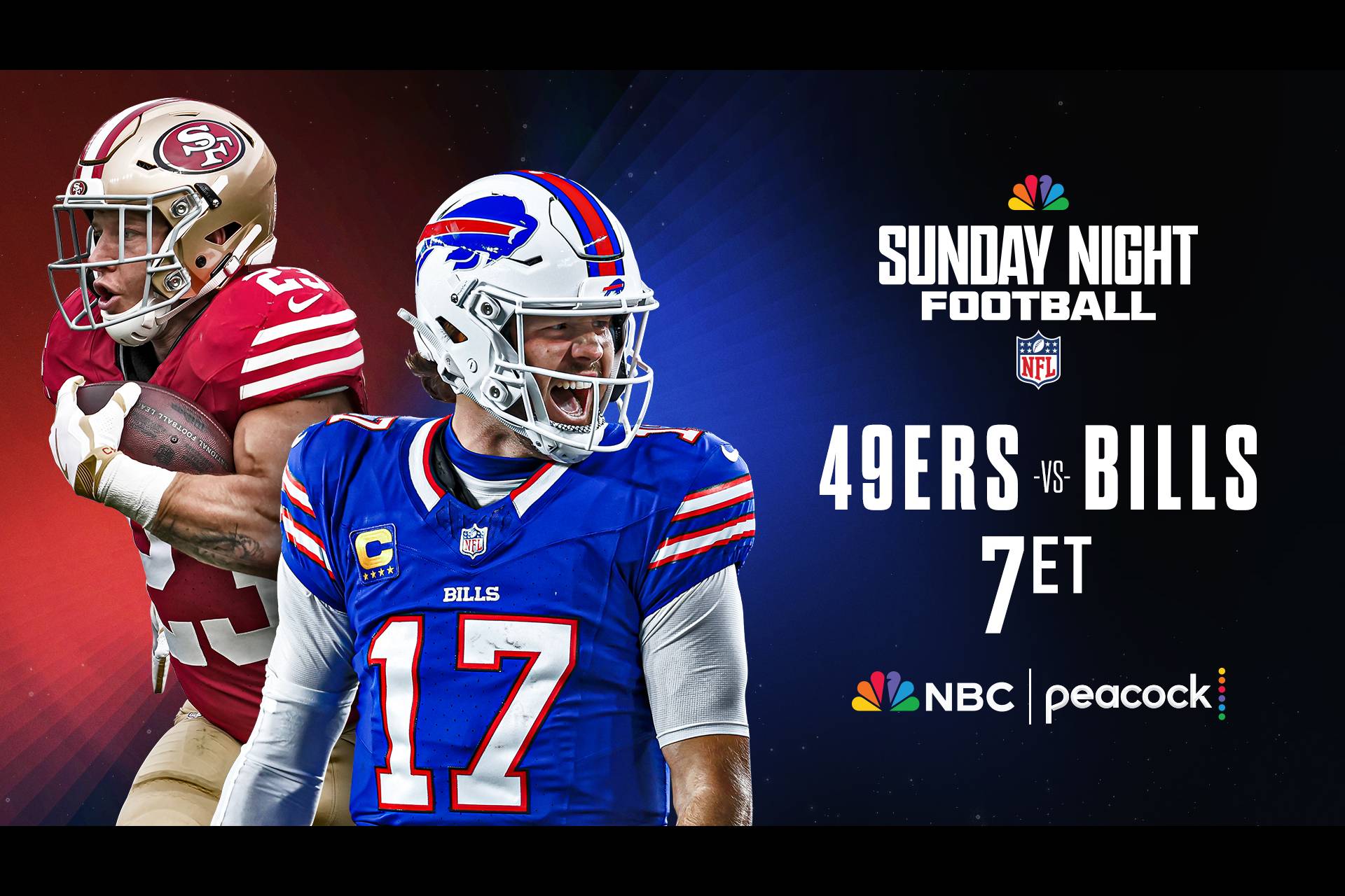 The San Francisco 49ers face the Buffalo Bills on Sunday Night Football LIVE at 7p ET on Peacock and NBC