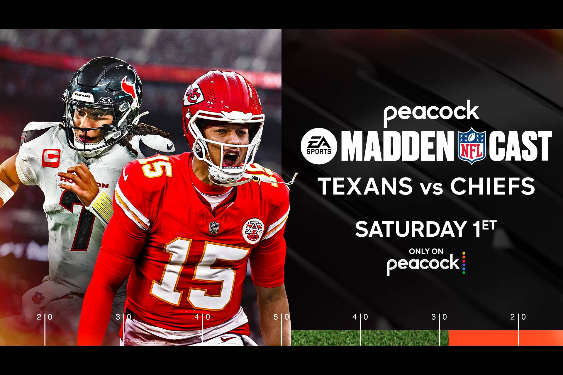 The EA Sports Madden NFL Cast of Texans vs. Chiefs is LIVE Saturday at 1p ET only on Peacock.