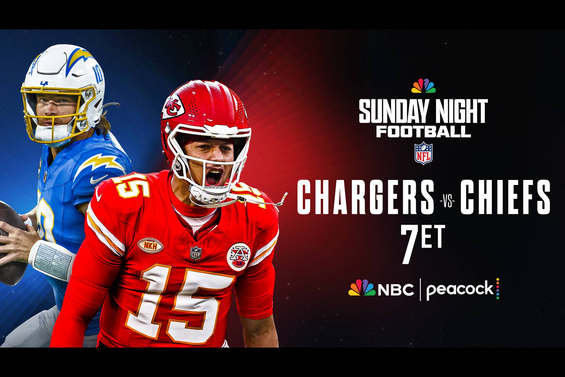 Justin Herbert of the Los Angeles Chargers and Patrick Mahomes of the Kansas City Chiefs feature on Sunday Night Football at 7p ET on Peacock and NBC.