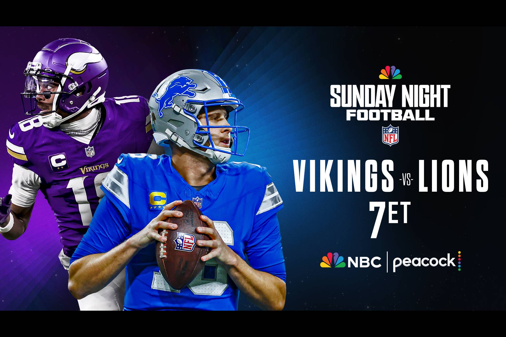 The Vikings face the Lions on Sunday Night Football at 7p ET on Peacock and NBC