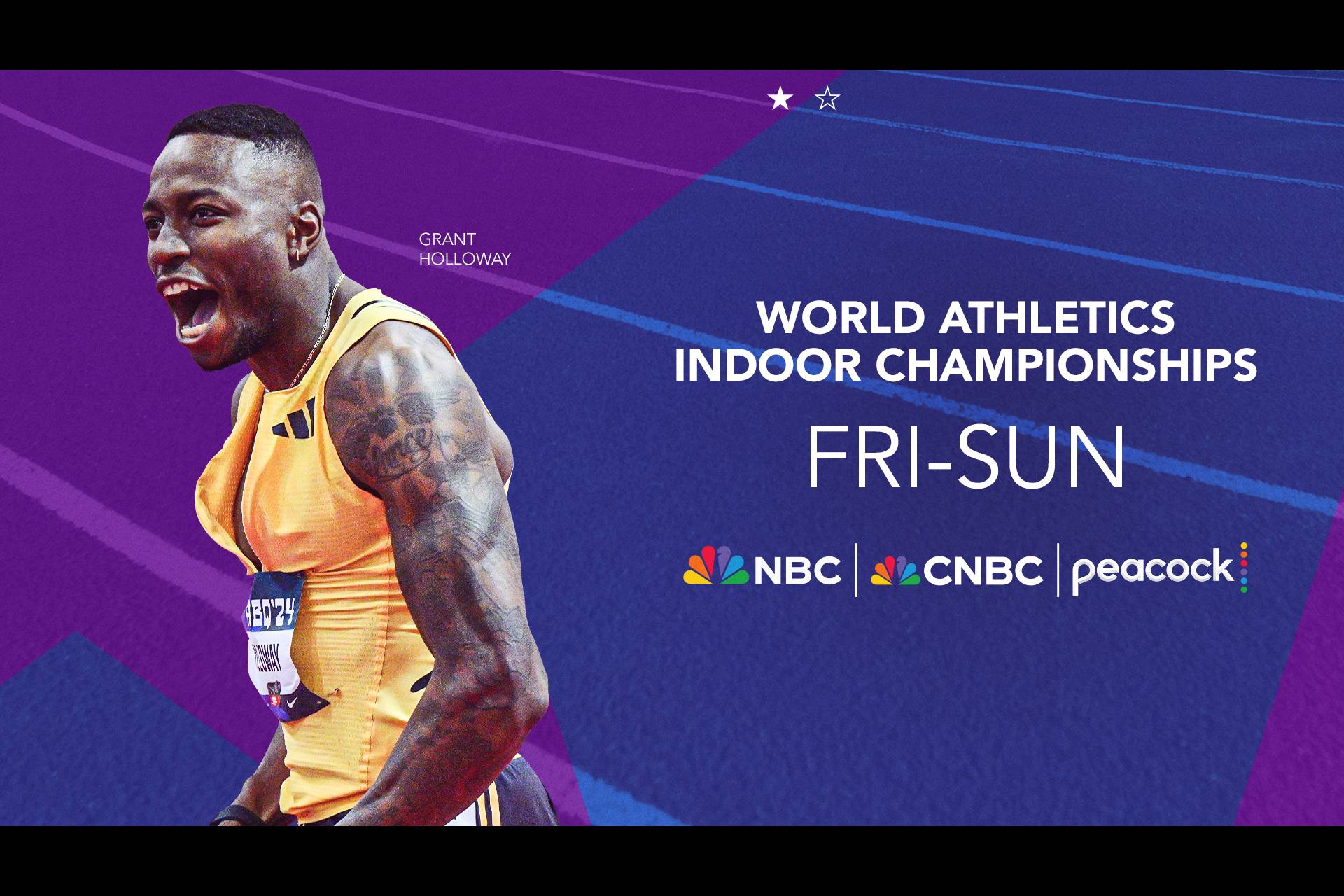 Grant Holloway features at the World Athletics Indoor Championships Friday to Sunday on Peacock, NBC, and CNBC