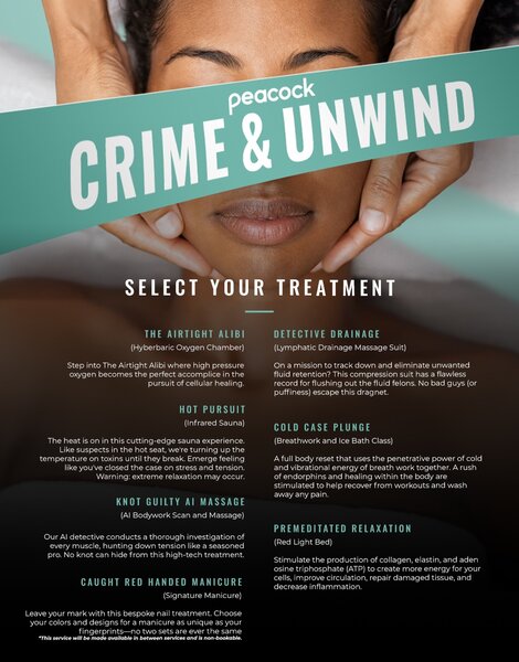 Peacock's Crime & Unwind Spa treatment menu