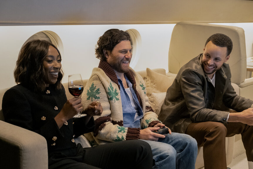 [L-R] Ego Nwodim, Adam Pally and Stephen Curry in Mr. Throwback