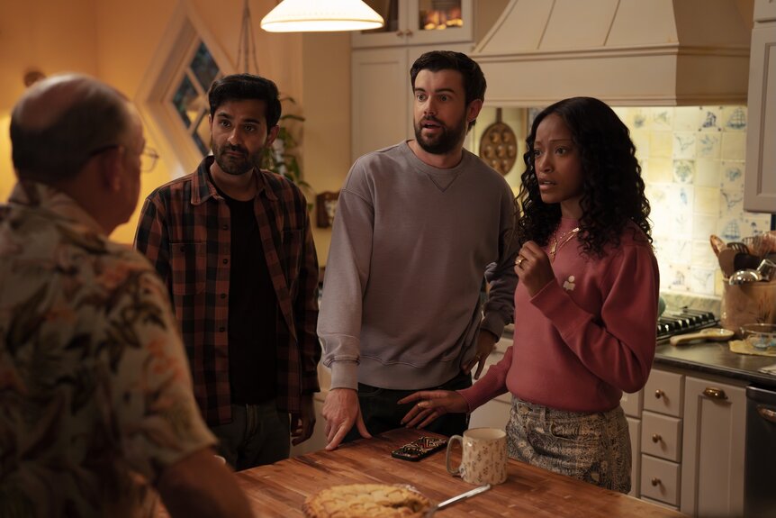 Naveen, Rob, and Samira speak with a man in a kitchen on The 'Burbs Episode 107.