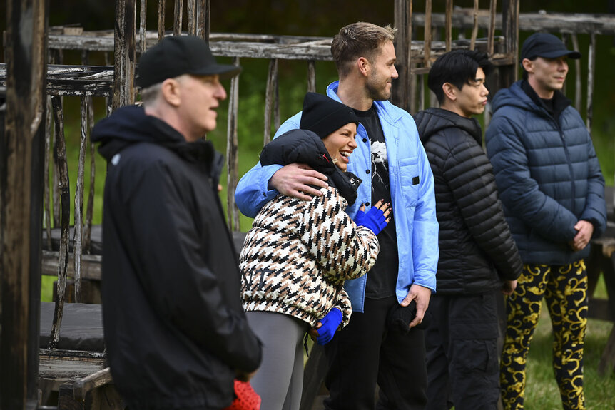 Michael Rapaport, Caroline Stanbury, Colton Underwood, Eric Nam, and Johnny Weir during a challenge in The Traitors Season 4 Episode 1.