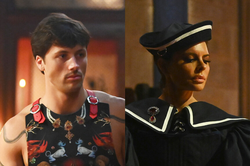 A split featuring Rob Rausch and Lisa Rinna on The Traitors Episode 407.