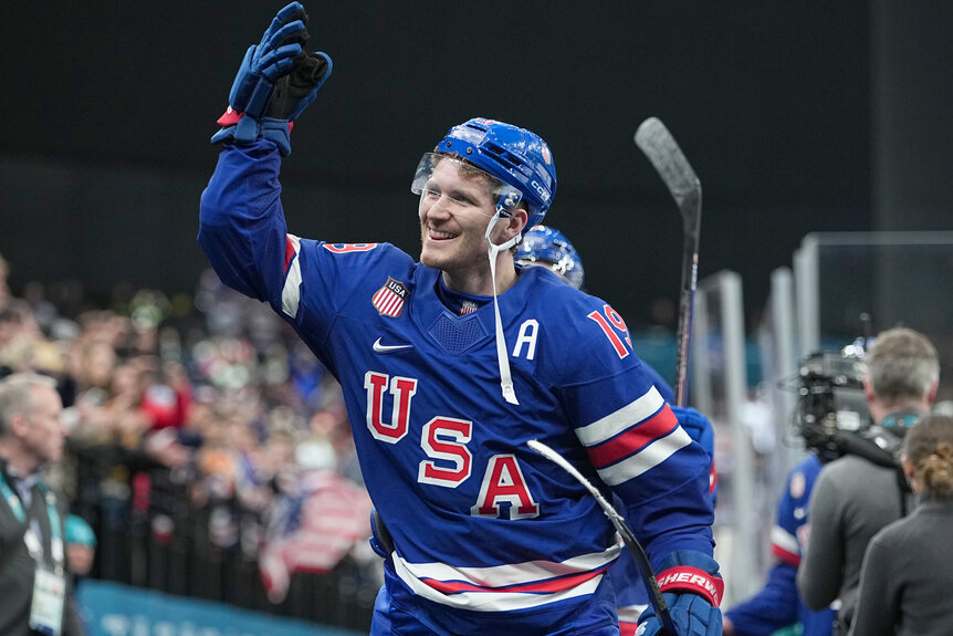 Matthew Tkachuk of team USA high fives the fans during the Men's Play-off Quarterfinals.
