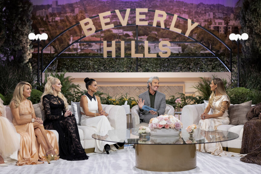 Sutton Stracke, Erika Jayne, Kyle Richards, Andy Cohen, and Dorit Kemsley seated at The Real Housewives of Beverly Hills Season 15 Reunion.