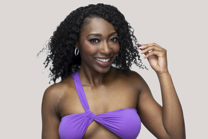 Aniya wearing a purple swimsuit in Love Island USA Season 8.