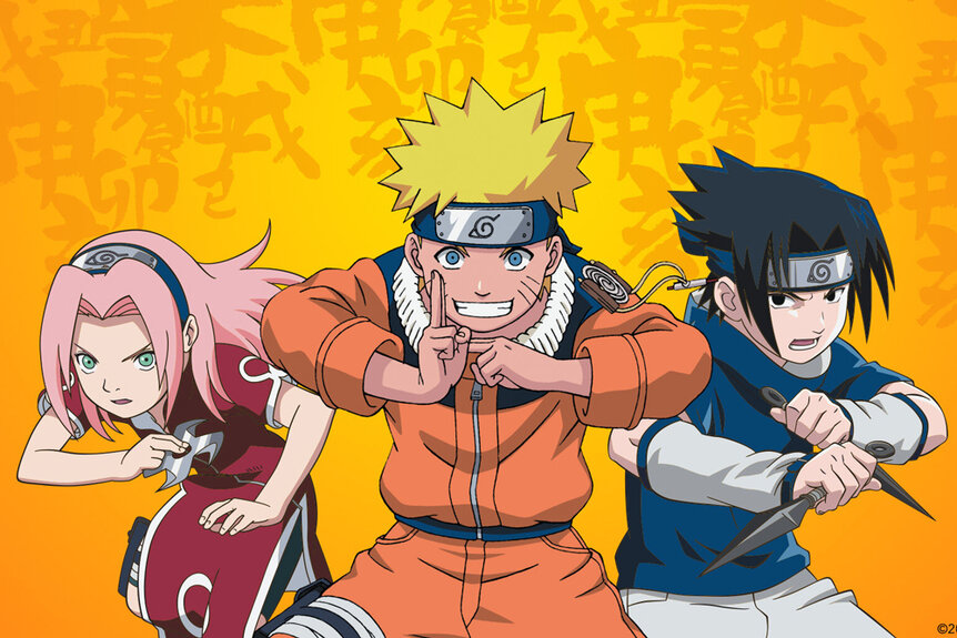 Animation of female and and two male characters in front of an orange background in anime, Naruto.