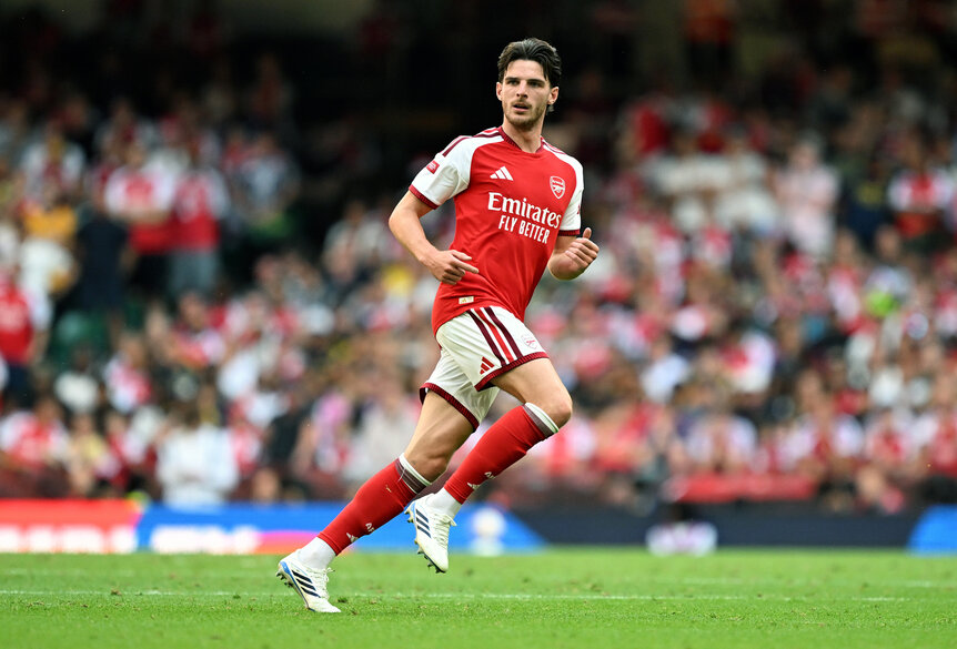 Declan Rice of Arsenal runs during the 2026 FA Community Shield match between Arsenal and Manchester City at Principality Stadium.